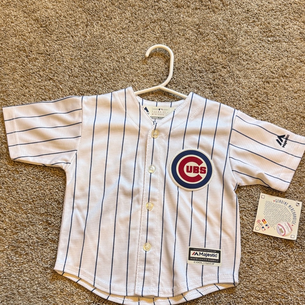 Majestic Kids Chicago Cubs White Jersey with Navy Pinstripes and Red Logo